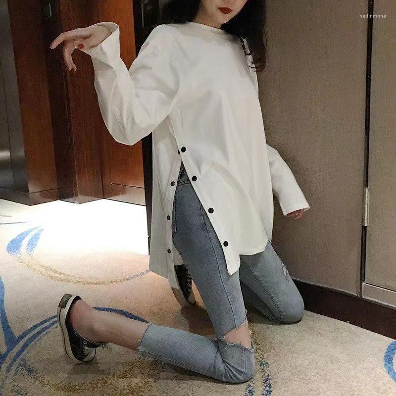 

Women's T Shirts Spring 2023 Harajuku Women'S Solid Loose Long Sleeve T-Shirt Split Side Buckle White Black O-Neck Mid Length Top Autumn