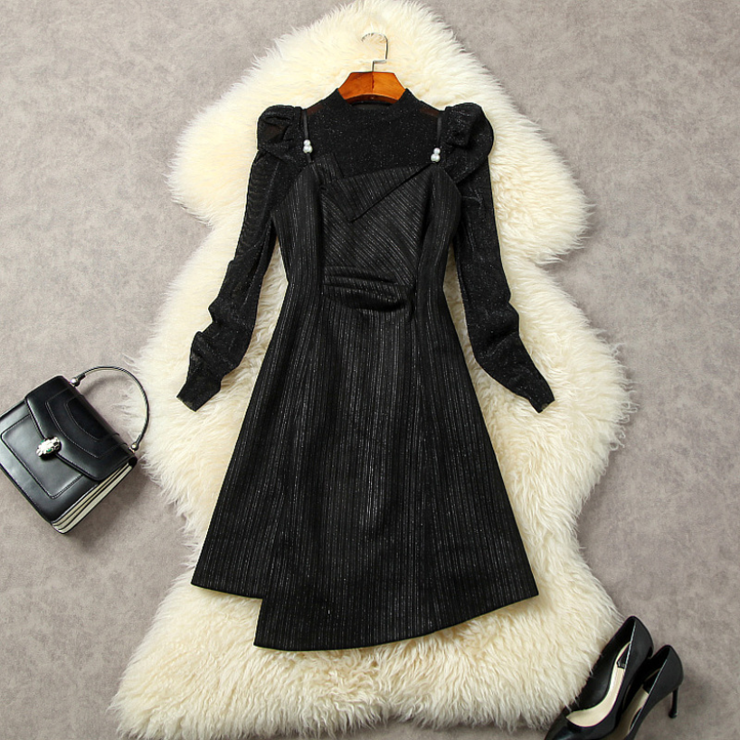 

Spring Long Sleeve Two Piece Dress Round Neck Black Glitter Mesh Top & Spaghetti Strap Striped Asymmetry Suits 2 Pieces Set 22G112028