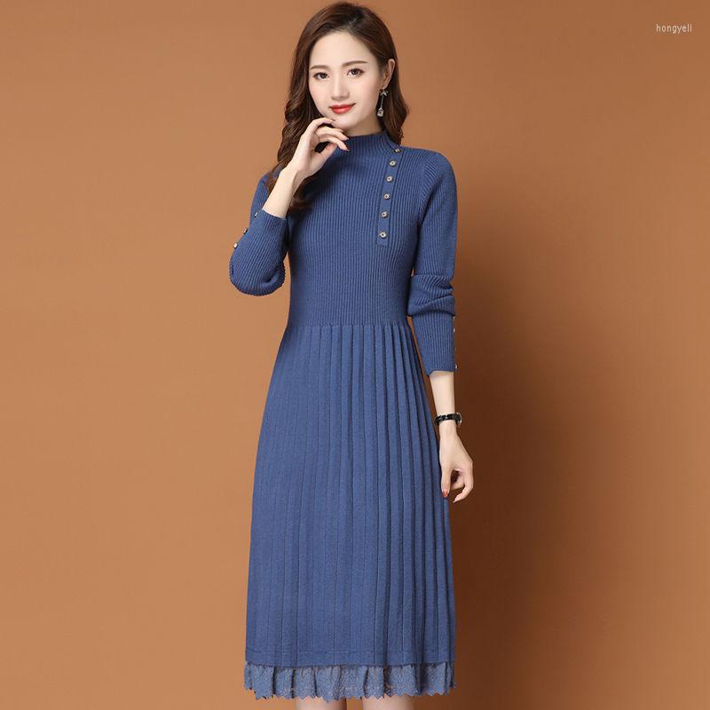 

Casual Dresses Autumn Women's Knit Fashion In The Knee-length Lace Sweater Dress Temperament Slim Waist 2023 Dr2586, Black