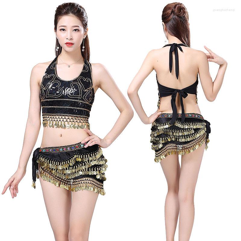 

Stage Wear Sexy Girls Cheerleaders Dance Clothes Nightclub Party Coins Hip Scarf Beads Belly Costume Set 2 Pieces, Black