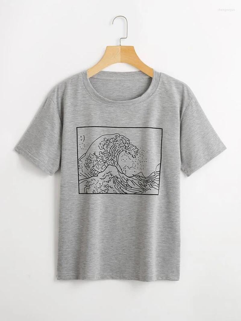 

Women's T Shirts Japanese Style Unisex Women Vintage Fashoin Hokusai Outline T-Shirt Tumblr Grunge White Graphic Tee Cute Summer Tops, Gray