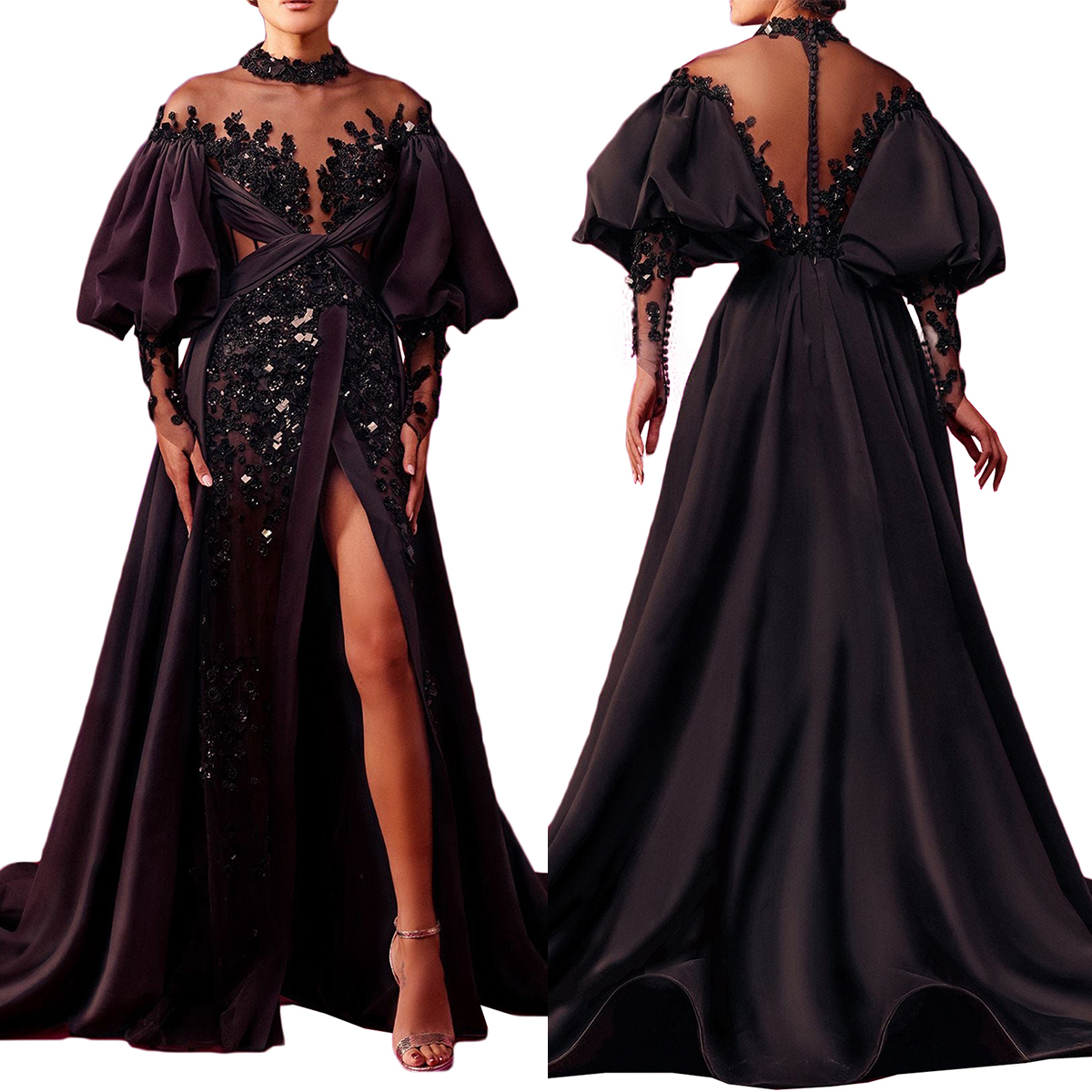 

Gorgeous A-line Prom Dresses High Neck 1/2 Sleeve Applicant High Front Split Court Gown Cutaway Sides Zipper Plus Size Custom Made Party Dress Vestido De Noite, Fuchsia