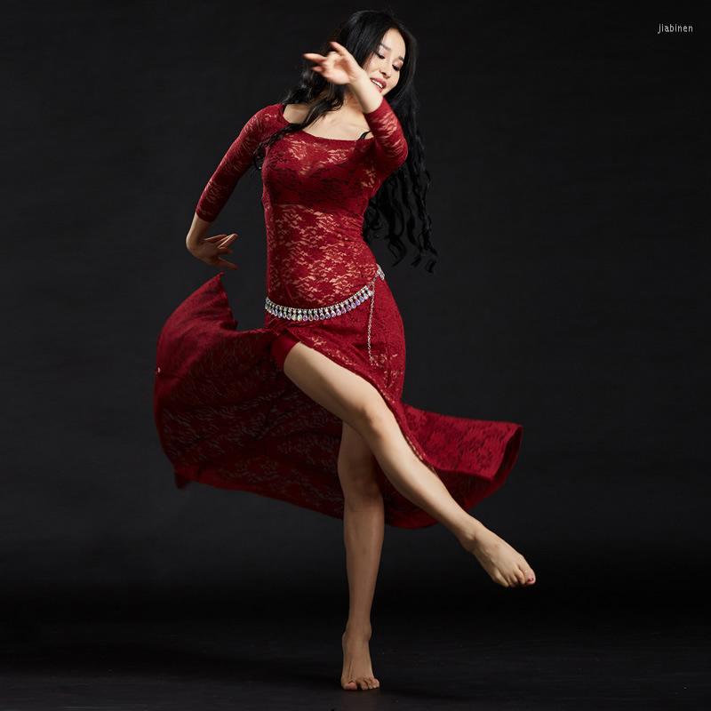 

Stage Wear One-piece Dress Belly Dance Clothing Women Sexy Outfits Dresses Floral Lace Bellydance Costume, Beige