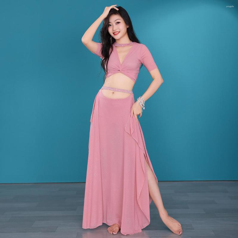 

Stage Wear Summer Girls Dance Clothing Stretch Tie Sequins Set Class Short Sleeves Belly Costume 2pcs Crop Top And Skirt, Purple top