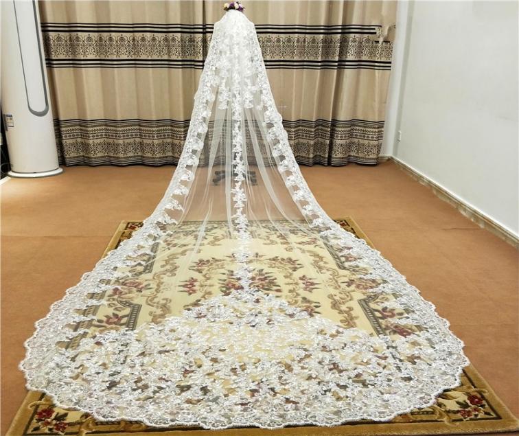 

Romantic Cathedral Length Wedding Veil 5 meters 3 Meters Lace Edge Wedding Accessories Bridal Veil In Stock Real Image5392536, White
