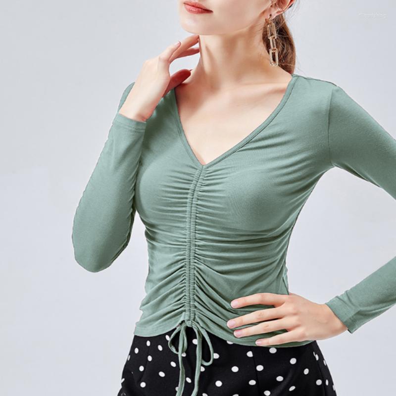 

Stage Wear Ladies Fashion Latin Dance Costume Comfortable Long Sleeve Lacing V-neck Training Blouse, Color 1