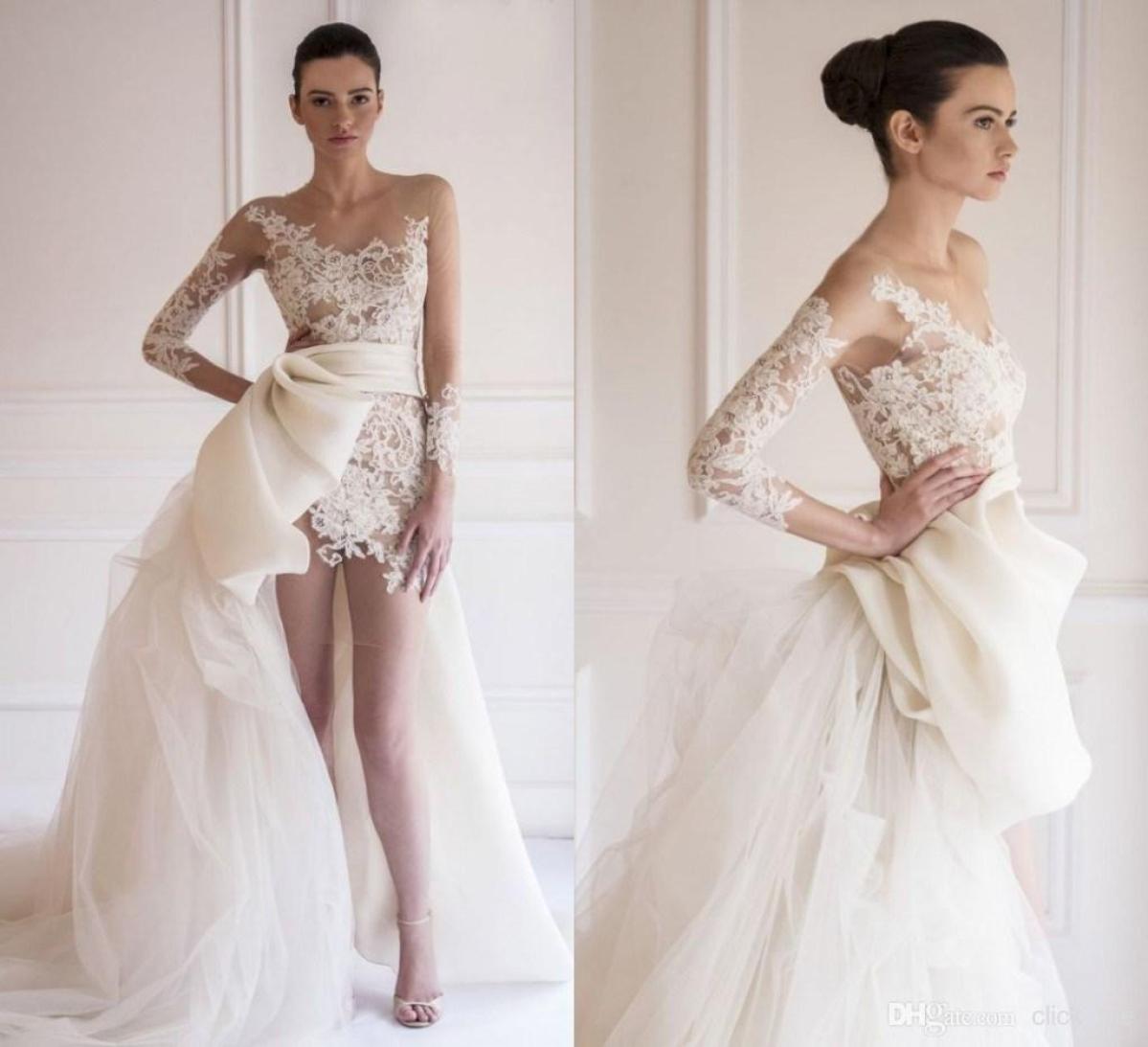 

Delicate Short Lace Wedding Dresses with Detachable Skirt Appliqued Beach Wedding Gowns Long Sleeve Bridal Dresses Illusion Tulle 4726564, Ivory