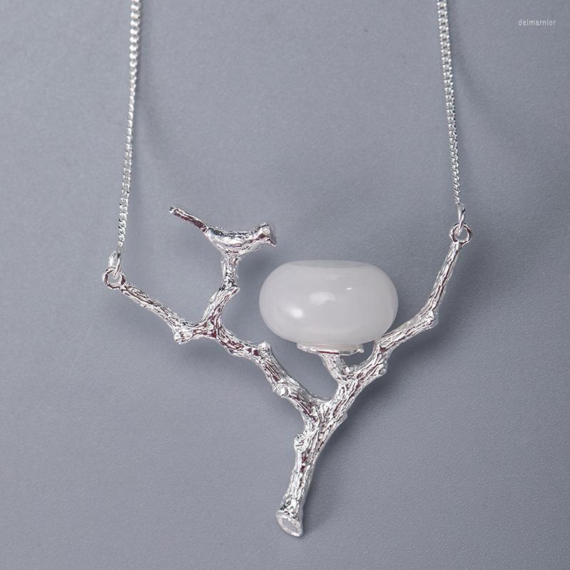 

Chains 925 Sterling Silver Jade Chinese Ethnic Style Necklaces For Women 2023 Cute Bird Branch Pendant Choker Jewelry Chain XL042