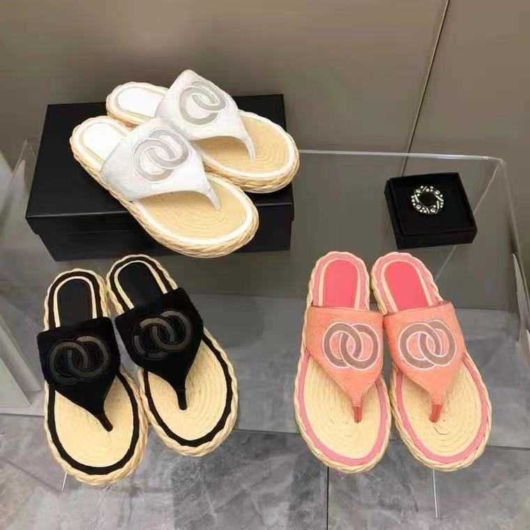 

Designer slides channel slipper sandals High version small fragrant grass rope clip toe slippers women's new summer woven flat bottom Beach, White