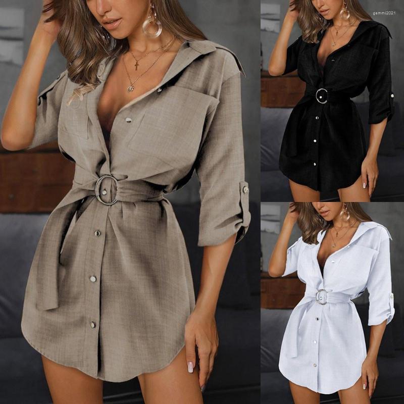 

Casual Dresses Vestido Feminino Elegant Shirt Dress Fashion Mini Skirt Office Deep V Neck Button Fold Over Three Quarter Sleeve Tunic, Black