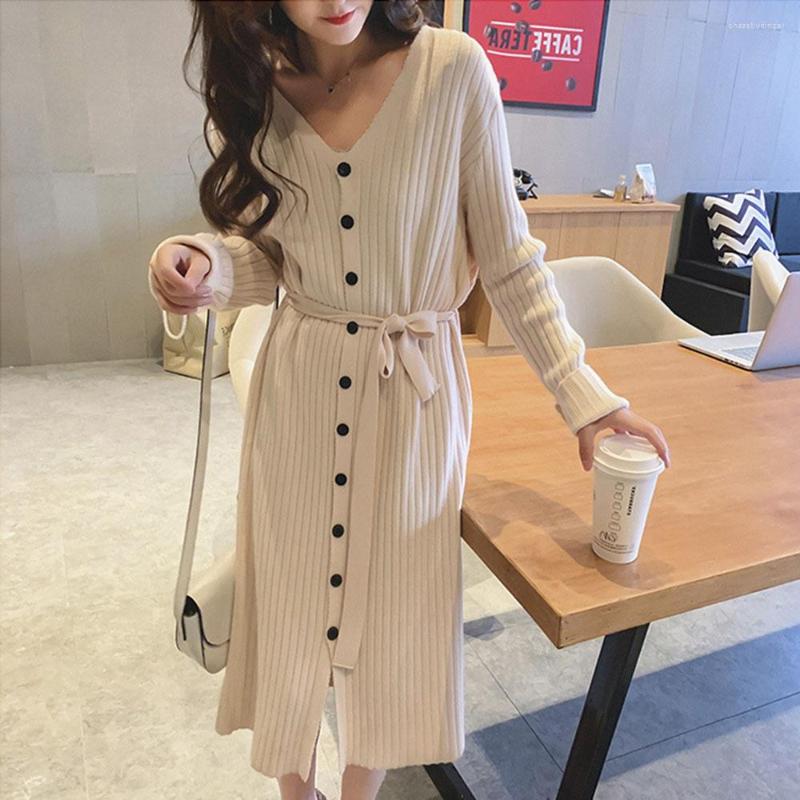 

Casual Dresses Elastic Knitted Dress Bodycon Women 2023 Autumn Winter Elegant Long Sleeve Solid Slim Korean Fashion Sheath Sweater, Beige