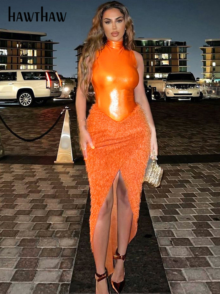 

Two Piece Dress Hawthaw Women Autumn Party Club Evening Birthday Bodysuits Midi Skirts Sets Outfits Wholesale Items For Business 230317, Orange