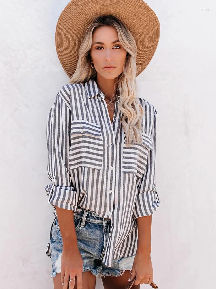 

Women' Blouses Casual Cotton Linen Striped Shirts For Women Elegant Turndown Collar Long Sleeve Loose Top 2023 Fashion High Street Pocket, Gray
