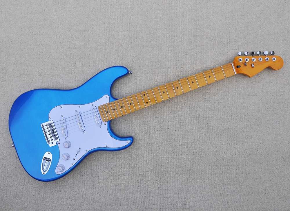 

6 Strings Metal Blue Electric Guitar with SSS Pickups Yellow Maple Fretboard Can be customized