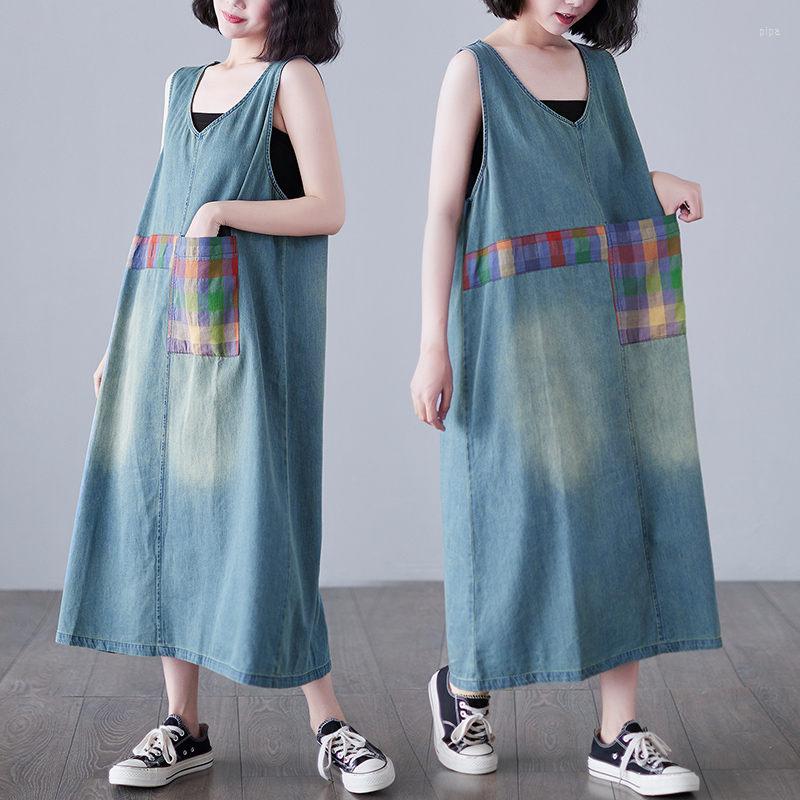 

Casual Dresses Denim Vest Dress Women's Summer Loose Large Size Long Section Slim V-Neck Sleeveless Jeans Vintage Korean Female Robes, As show