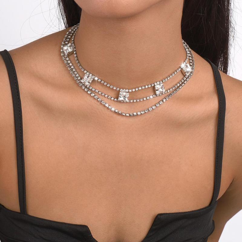 

Choker Bling Rhinestone Bridal Two Layers Suqare Stone Neckalce For Women Crystal Tassel Chain Collar Necklace Wedding Jewerlry