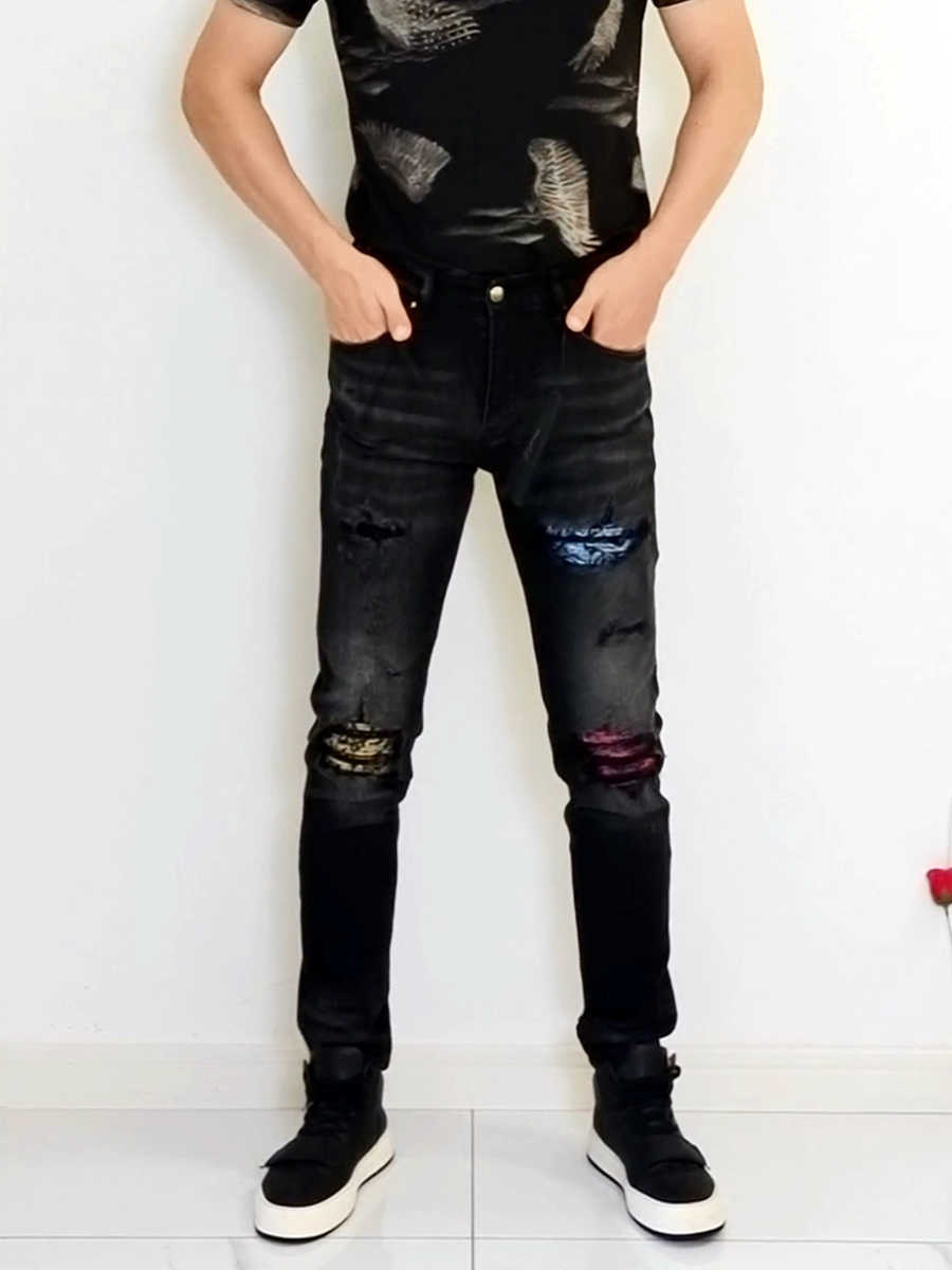 

Jeans Mens Am1r1 Trousers Pants Mirri Ripped Fashion Designer Brand New Men's White Embroidery Patch Elastic Slim Denim Hip Hop High NIDJ, Wash black