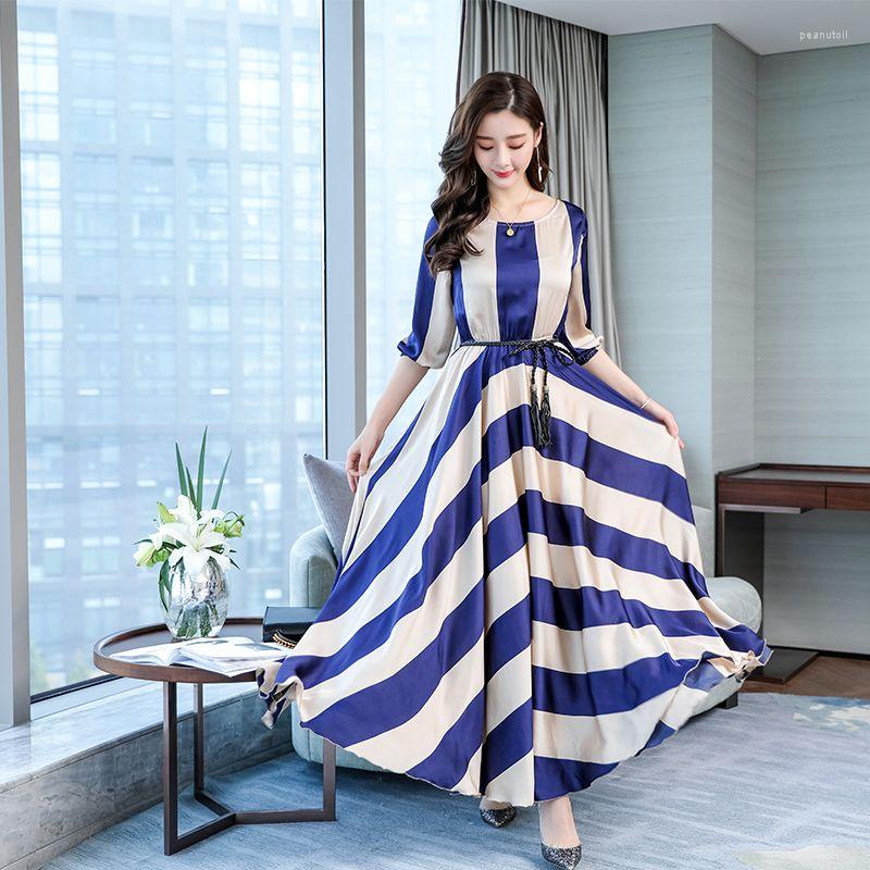 

Casual Dresses Women Clothing Spring Summer Lacing Maxi Dress Plus Size Chiffon Beach Striped Female Comfortable Elegant Fashion, Blue