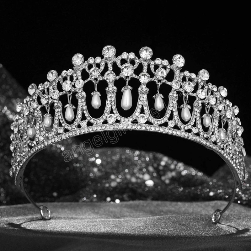 

Queen Water Drop White Pearl Crystal Tiara Crown Diadem Wedding Baroque Rhinestone Bridal Crown Hair Accessories, As picture