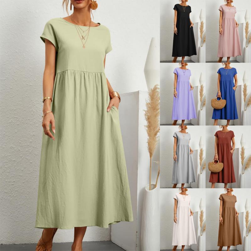 

Party Dresses Elegant Cotton Linen Long Dress Women Summer Y2K Harajuku Solid Short Sleeve Midi Female Causal Pockets Loose Robe, Lavender