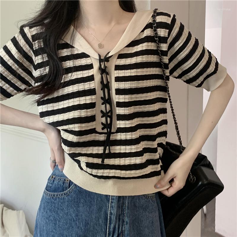 

Women's T Shirts Women's Summer Korean Style Striped Lace-up Polo Collar Knitted Short-sleeved T-shirt, Picture shown