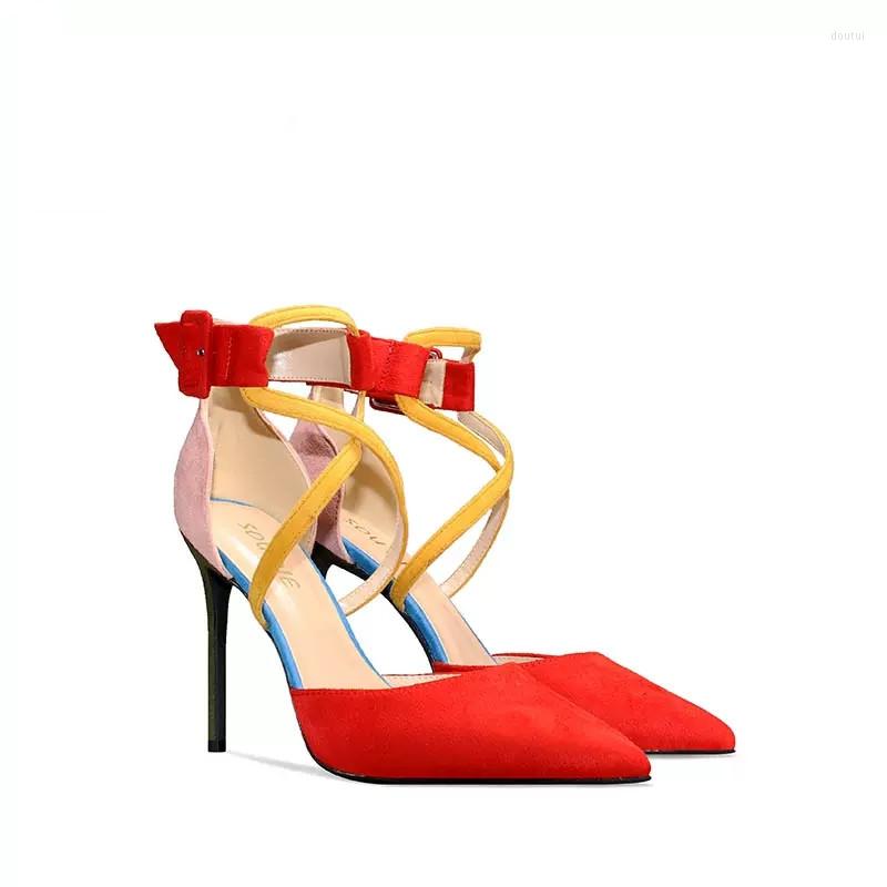 

Dress Shoes Spring And Summer Color Blocking Cross Suede Catwalk Sandals Thin High Heels Party Large Small Women's Single, Heel height 6cm