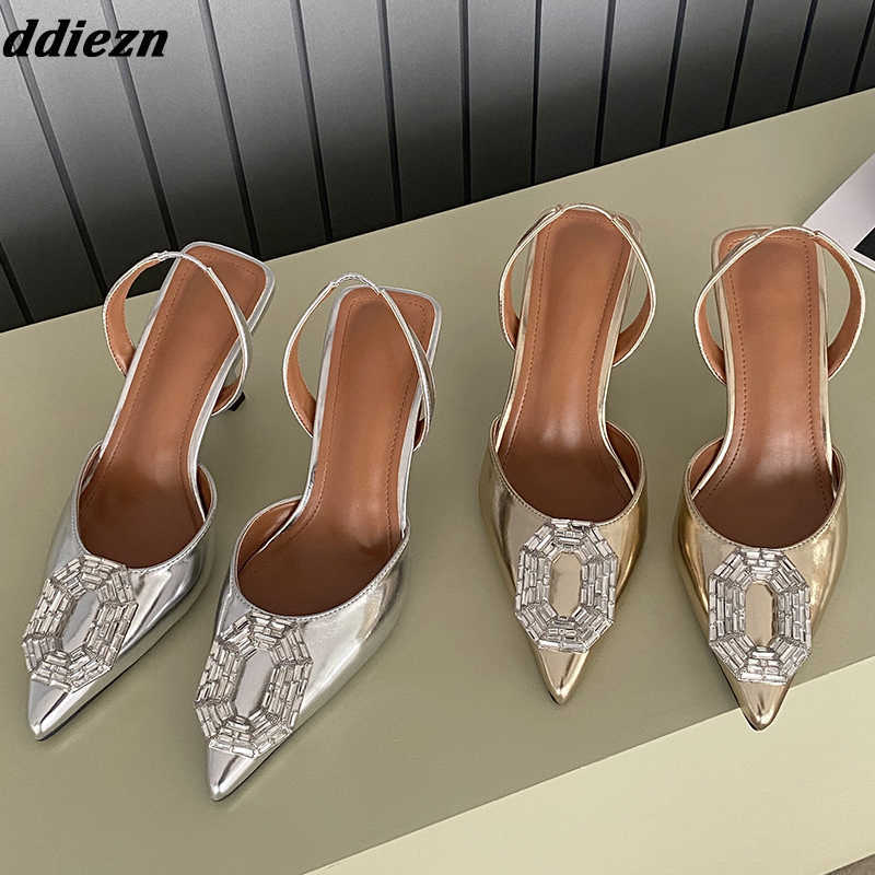 

New 2023 Slingback Women High Heels Sandals Crystal Fashion Sexy Ladies Pumps Shoes Rhinestones Female Pointed Toe Sandal Mules 0316, Gold