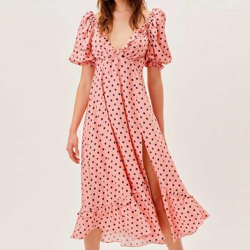 

Casual Dresses Boho Inspired Dot Pink Maxi Dress Women V-neck Ruffled Neckline Sexy Chic Party Ladies Summer 2023