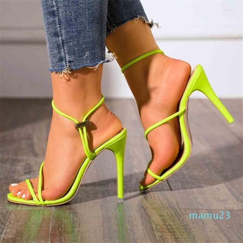 

Sandals Fashionable Sexy Design Women Line Style Buckle Thin High Heels Black Narrow Band Open Toe Dress, Light green