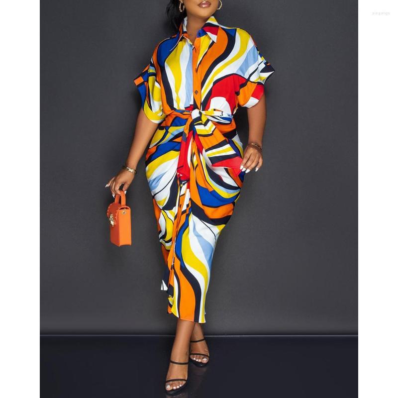 

Casual Dresses Women Short Sleeve Button Down Vintage Asymmetrical Shirt Dress All Over Print Ruched Elegant Midi 2023 Summer, Multi