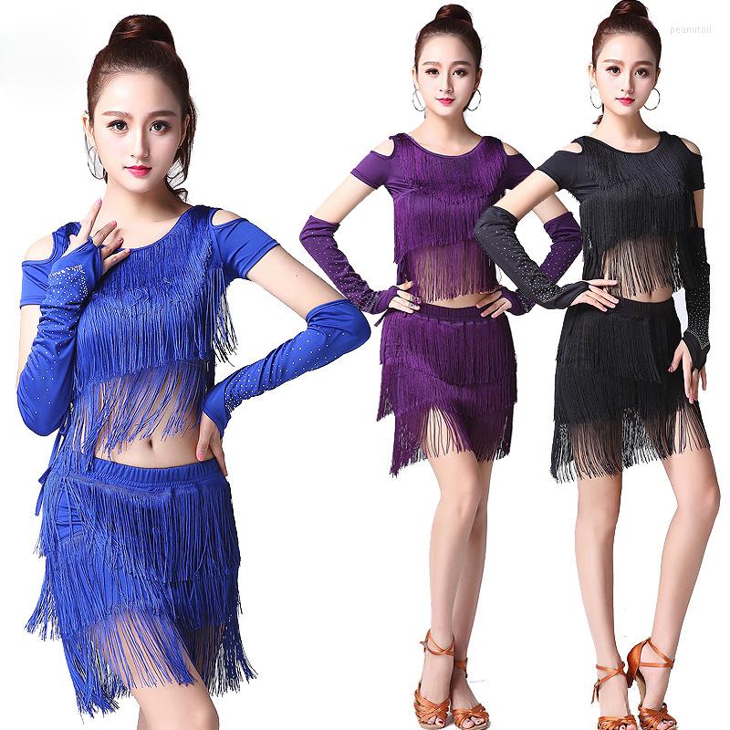 

Stage Wear 2023 Performance Women Dance Dress Samba Costume Off-shoulder Latin Dresses 3 Pieces Set (Top Skirt & Sleeves), Black