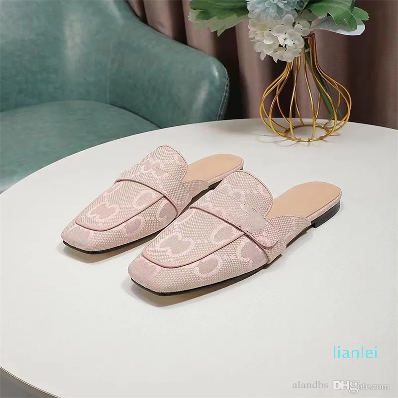 

Women Designer Slippers Canvas Warm Tone Scuffs Pink Mint Green Lady Classic Slides Flat Mules 35-42
