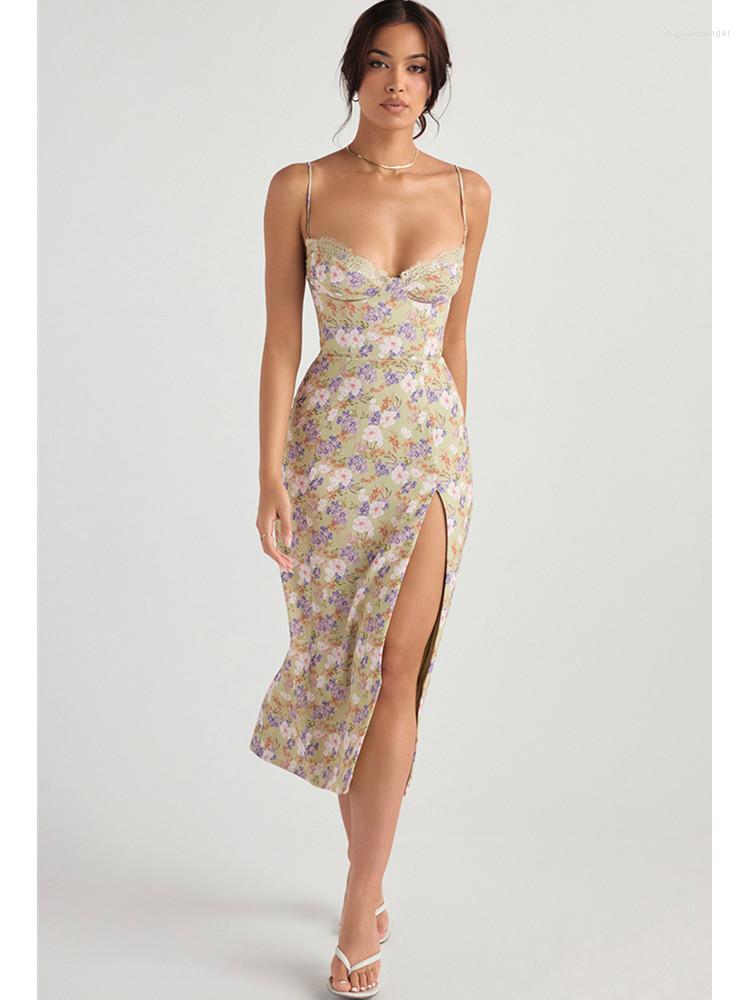 

Casual Dresses Women Summer Sexy V Neck Tank Backless Floral Asymmetry Split Luxury Street Style Party Club Mid-Calf Dress Light Yellow