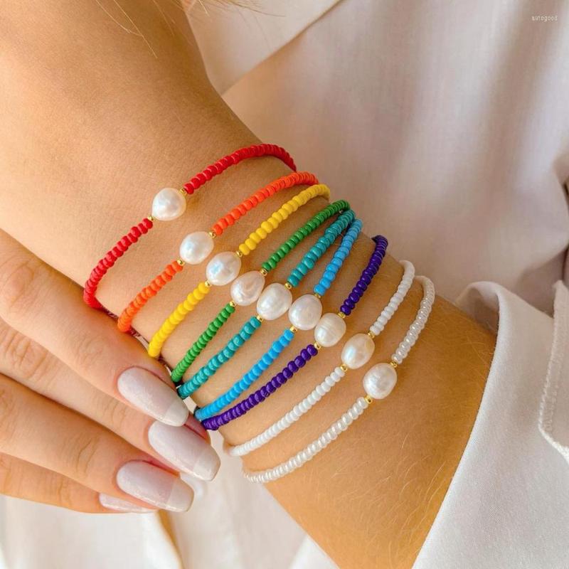 

Strand Go2BoHo Rainbow Pearl Elastic Bracelets Set Dainty Fashion Jewelry 9 Colors Tiny Beaded Simple For Women