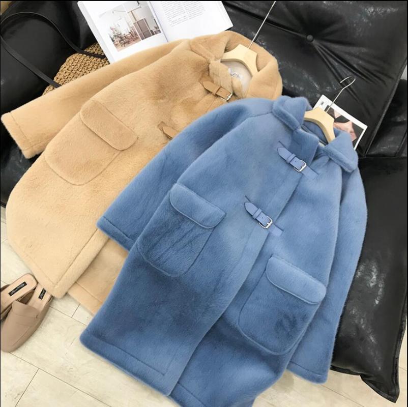 

Women's Wool & Blends Fashion Autumn And Winter Imitation Mink Hair Midi Long Coat Woman Solid Color Cashmere Jacket Loose Warm Overcoats, Blue