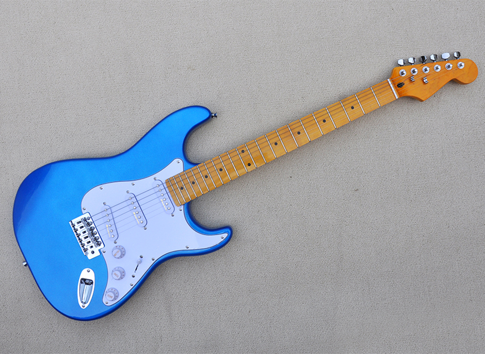 

Metal Blue Electric Guitar with Yellow Maple Fretboard SSS Pickups Customizable