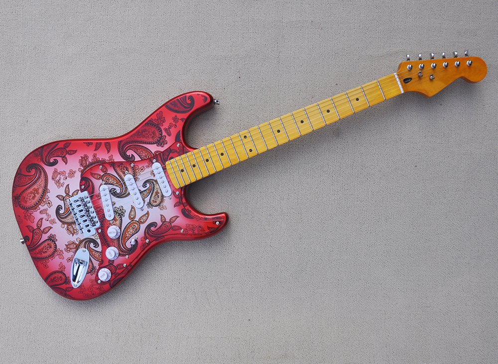 

Red Electric Guitar with Flower Sticker Yellow Maple Fretboard SSS Pickups Can be Customized