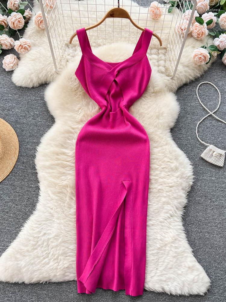 

Casual Dresses YuooMuoo Fashion Y2K Spaghetti Strap Vestidos Women Dress Summer Bodycon Knit Split Sexy Hollow Out Package Hips Sundress, Black