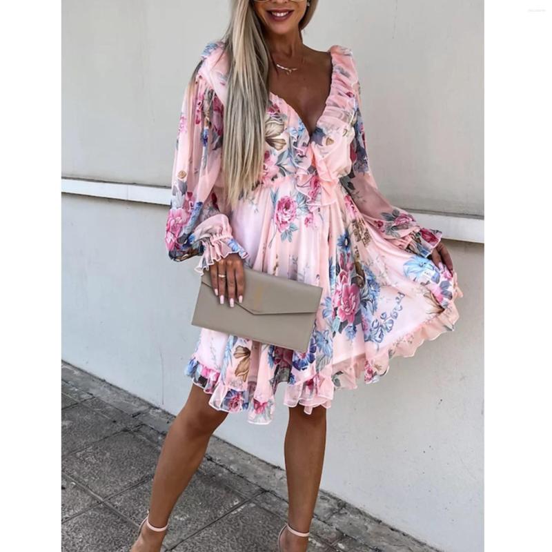 

Casual Dresses Sexy Women 2023 Floral Printing Ruffles Sweet Dress Summer Long Sleeve Deep V-Neck Lace-Up Ladies Party Streetwear, 01 pink