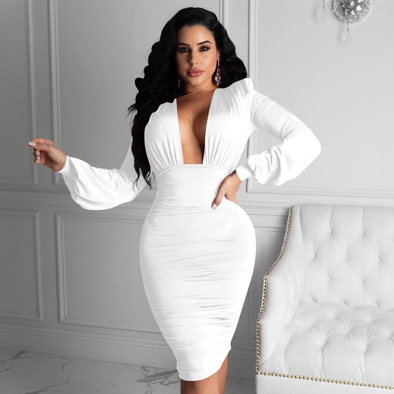 

Casual Dresses Winter Sexy Nightclub Temperament Solid Color Multicolor Long Sleeves Deep V Collar Hip Wrap Short Dress, Black