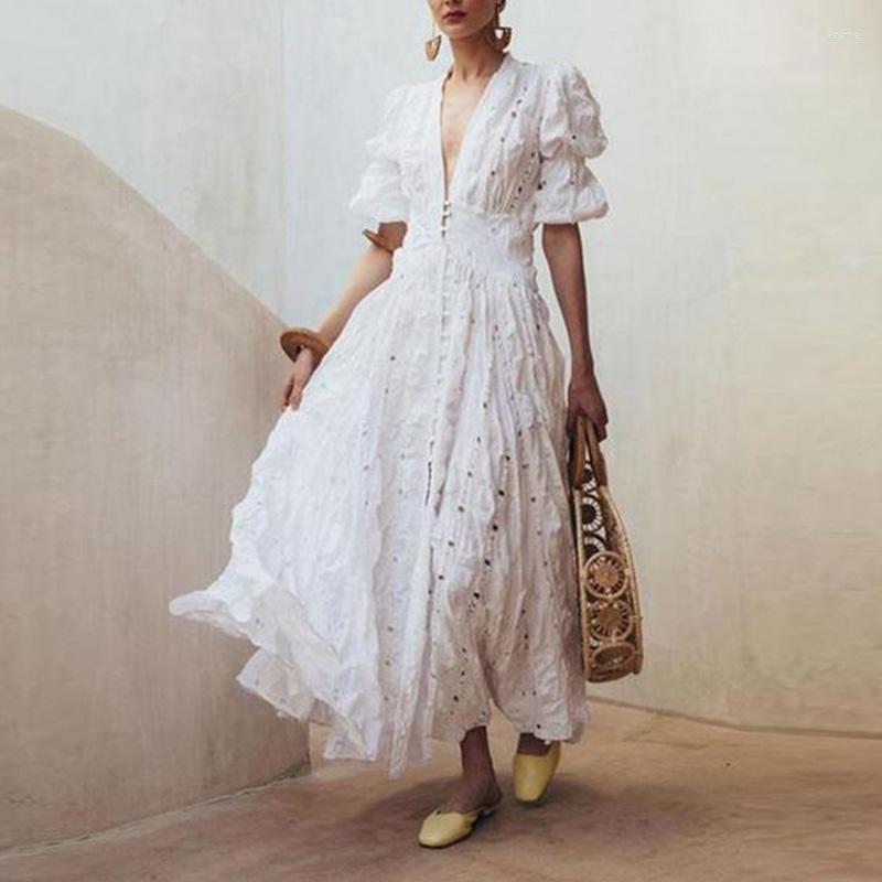 

Casual Dresses Sexy Deep V Neck Temperament Beach Dress Elegant Solid Color Embroidery Puff Sleeve Lady Lace Hollow Out Party Long, 01 white