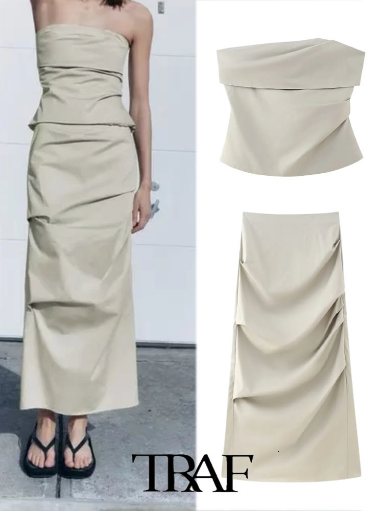 

Two Piece Dress TRAF Women 2Pcs Casual Solid Pleated bra TopPleated Slim Design Midi Skirt Solid color Sexy Tops Two Piece Set 230316