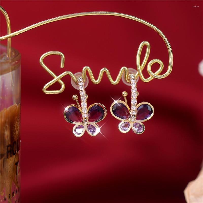 

Hoop Earrings French Luxury Temperament Shiny Zircon Delicate Purple Gentle Butterfly Small Versatile Daily Wear Earnail Gift