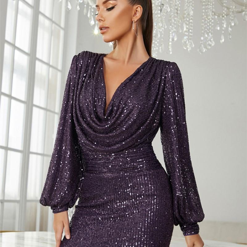 

Casual Dresses 2023 Sexy Deep V-Neck Sequins Open Back Long Sleeve Slim Fit Mini Dressx Elegant Club Party Dress Vestidos, Purple