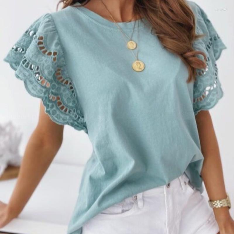 

Women' T Shirts 2023 Women' Clothing Summer Women Hollow Out Stitching T-Shirt Casual O-Neck Ruffle Short Sleeve Top Elegant White, Blue