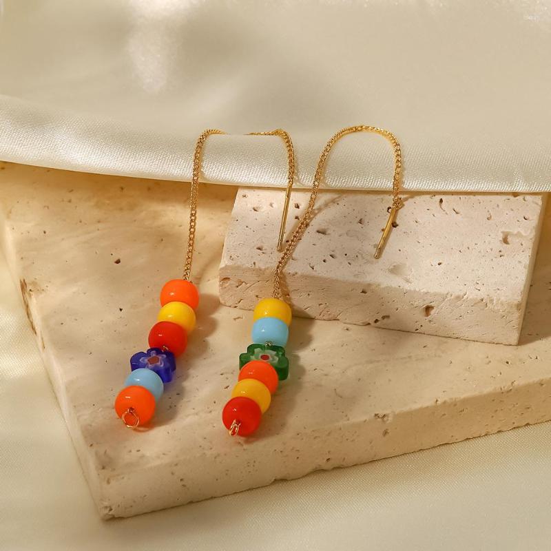 

Hoop Earrings Uworld Round Painted Colorful Glazed Tassel Pendant Stainless Steel 18K Gold Ear Line For Women