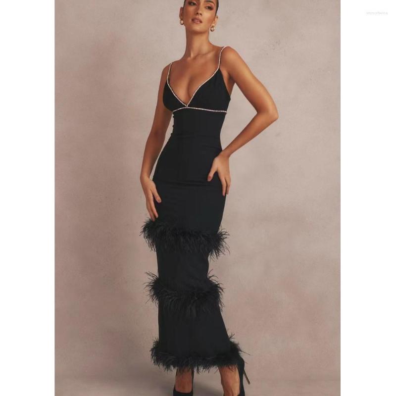 

Casual Dresses Arrivals Bodycon Slim V Camisole Fashion Diamond Inlay Rayon Elegant Verticality Long Style Celebrity Party Dress, Black