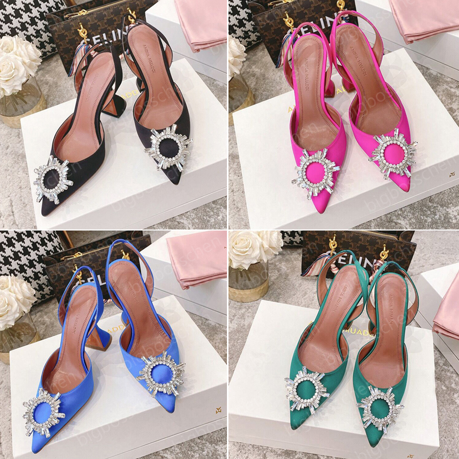 

Amina muaddi dress shoes women's sandals satin pointed toe open heel shallow mouth shoes crystal sunflower heels 9.5cm luxury designer party reception wedding shoes, Blue