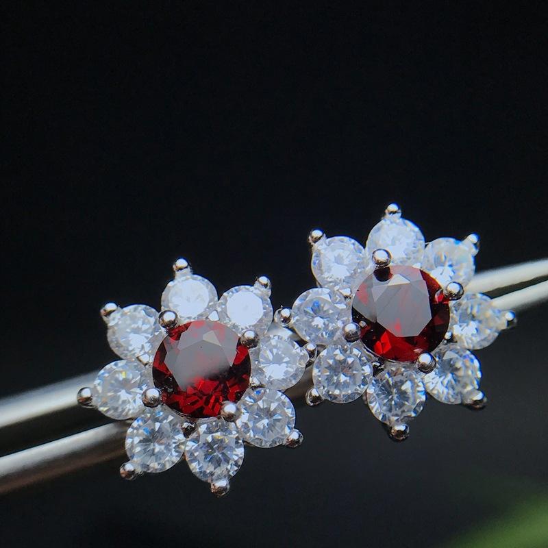 

Stud Earrings Sterling Silver Inlaid Natural Garnet Support Test Of Fashionable Chinese Women's Flower EarringsStud