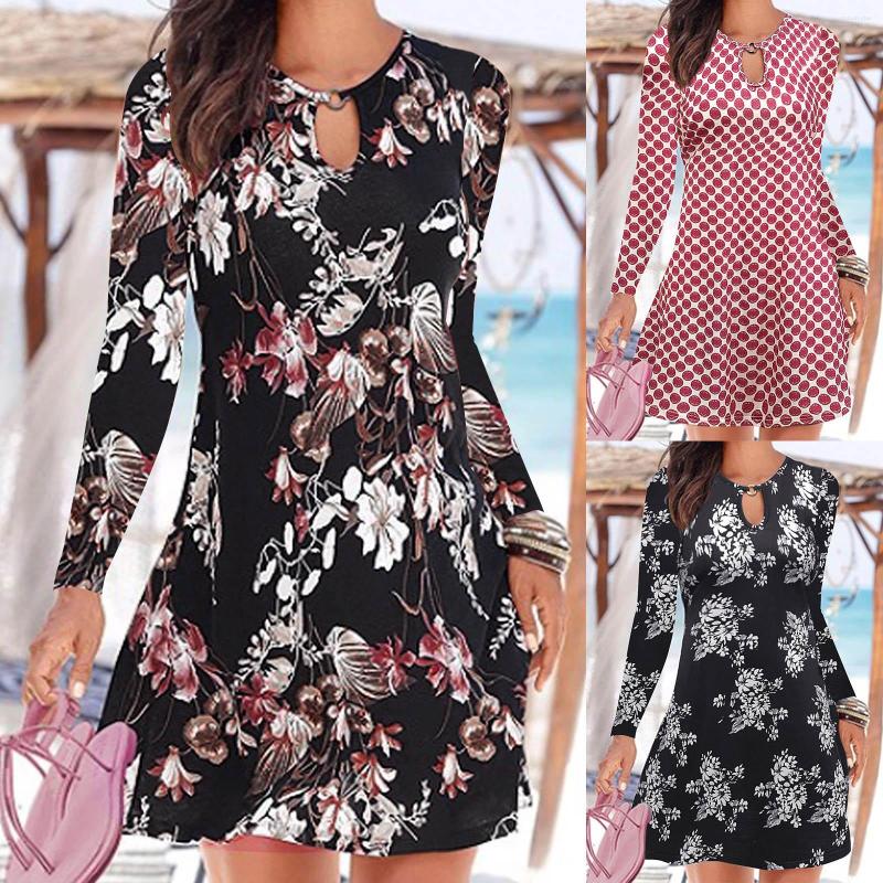 

Casual Dresses 9 Styles Women's Fashion Slim Fit Round Neck Long Sleeve Dress Print Smock Beautiful Fast, Red-a